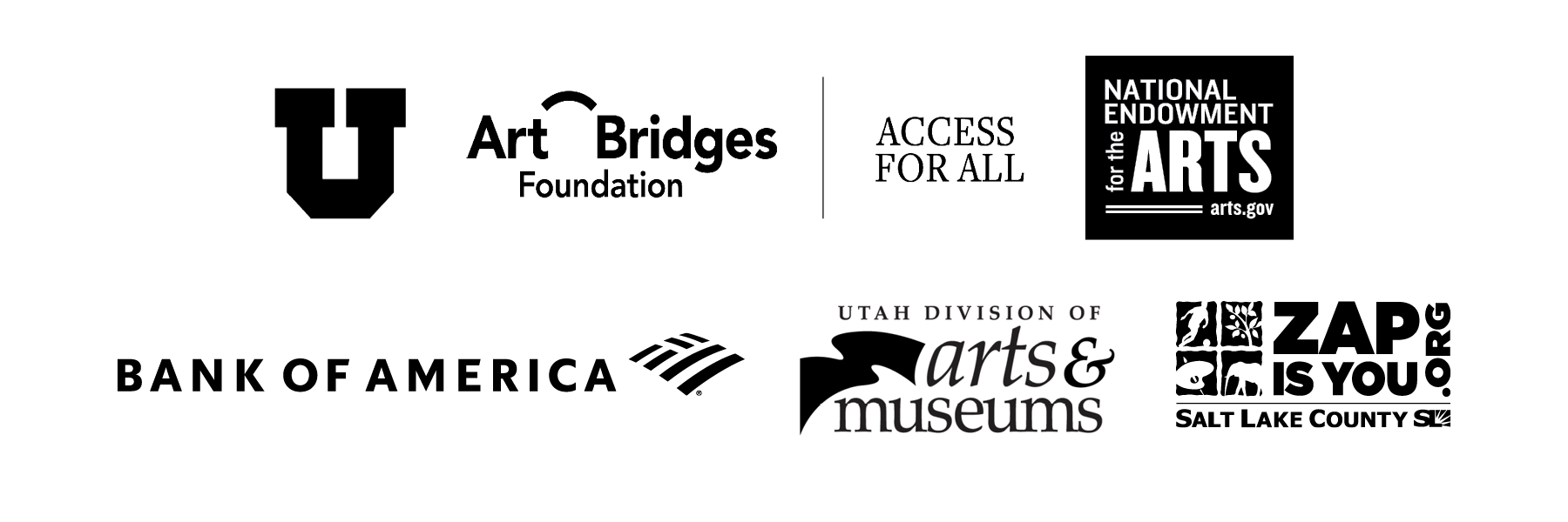 A collection of sponsor logos from the University of Utah, Art Bridges Foundation, Access for All, the National Endowment for the Arts, Bank of America, the Utah Division of Arts & Museums, and ZAP