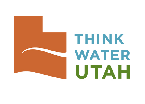 Think Water Utah Logo and orange Utah shape on the left with a water curve on the bottom and white water wisp cutting through the center. The words Think Water in blue and  Utah in green are stacked on top of each other on the right. 