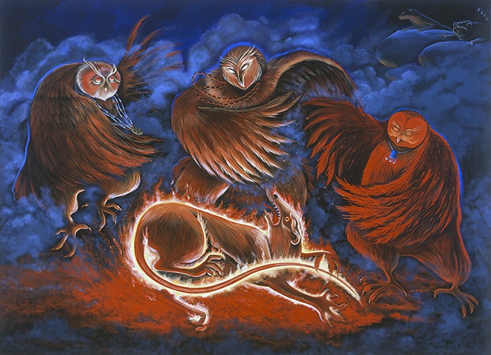A colorful painting with deep reds and blues. Three owls stand waving their wings at an animal at their feet who glows, apparently on fire.