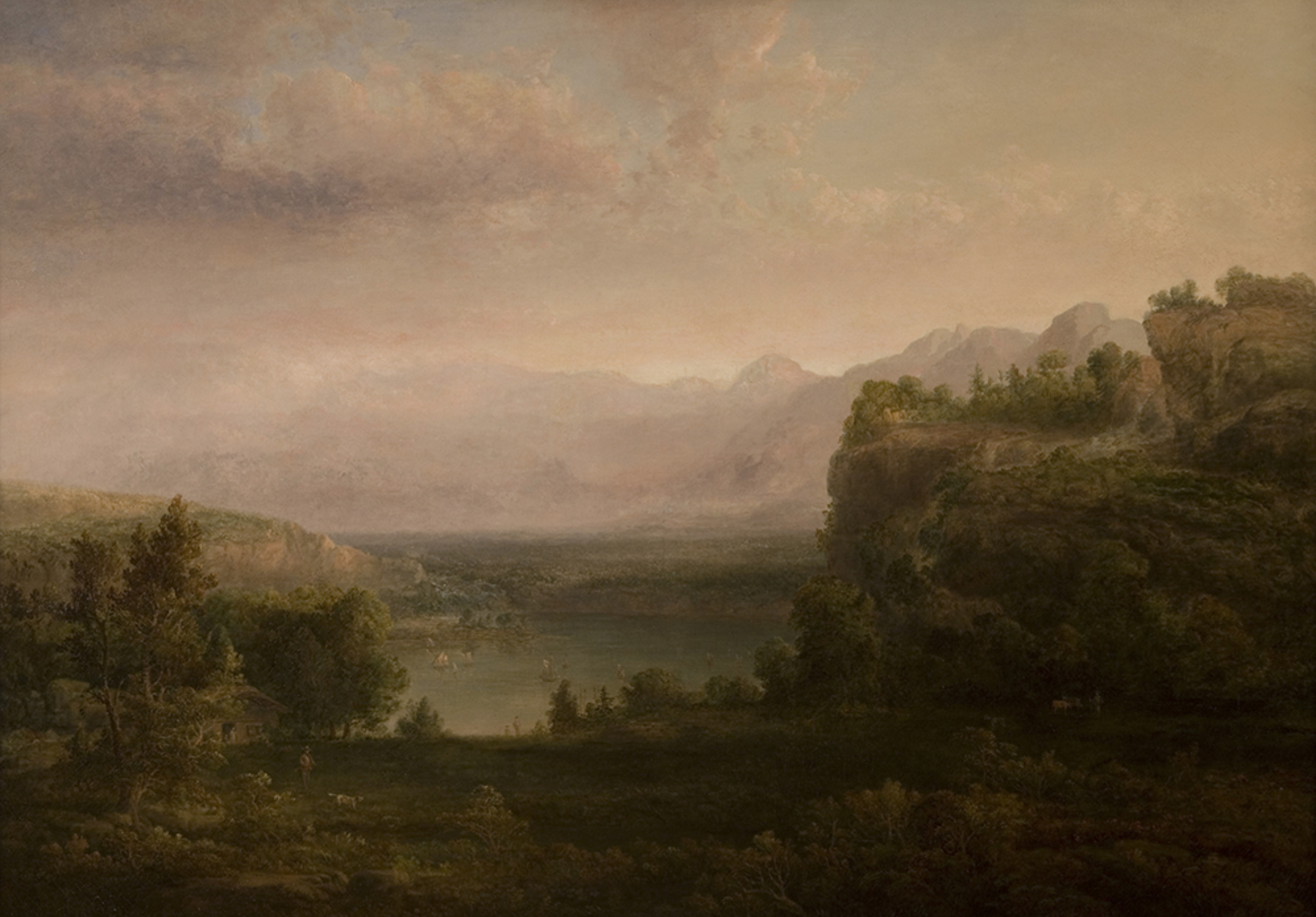 A landscape with trees on the left and a cliff on the right in the foreground. A green-blue lake in the middle ground, and blue-gray mountains in the background. A watery-blue sky has storm clouds coming in from the left. There is a very small house, person, and dog under the trees in the foreground on the left and boats far away in the lake.