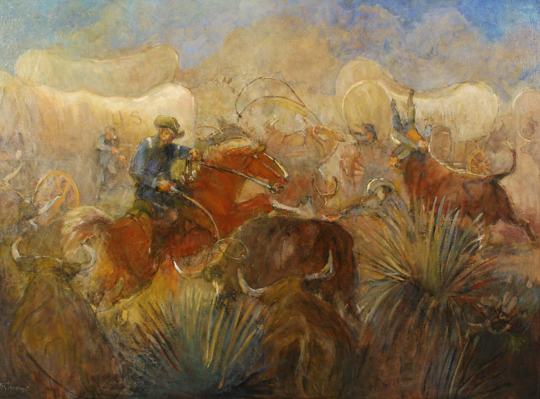 Three bulls are in the foreground among several yucca plants. Men in 19th century US Calvary uniforms on horses are in the middle ground along with a bull flipping a man up in the air. Several covered wagons are in the background. The air is filled with dust and a brownish-blue sky can be seen at the top of the painting.