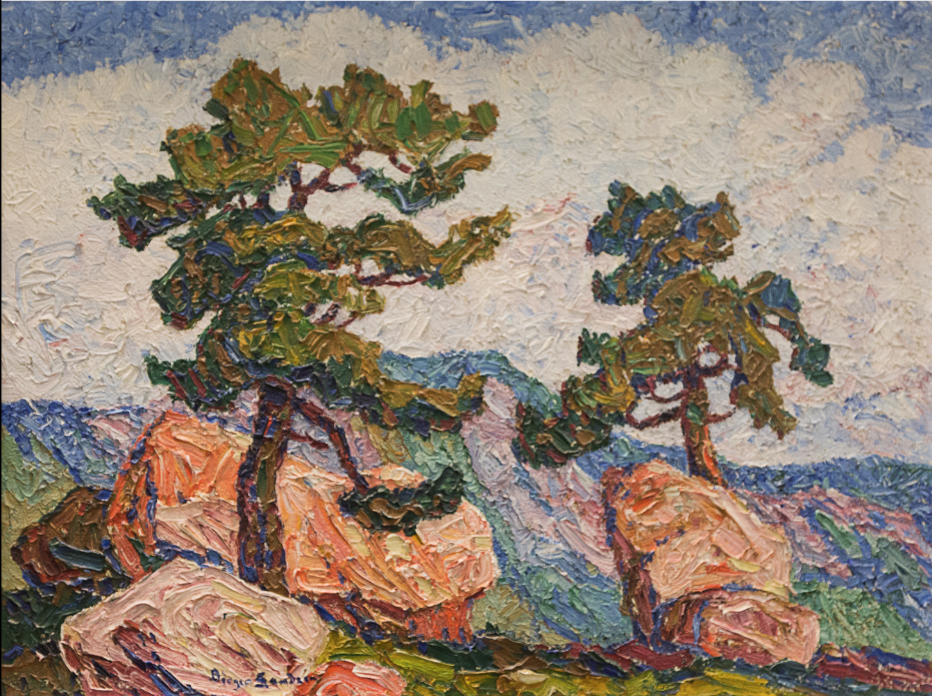 A landscape with red rocks and two pine trees in the foreground. Colorful purple and blue mountains in the middle ground, and a big fluffy white cloud that covers most of the sky with a sliver of blue sky at the top of the painting. The surface is thick with paint and heavy brushstrokes. 