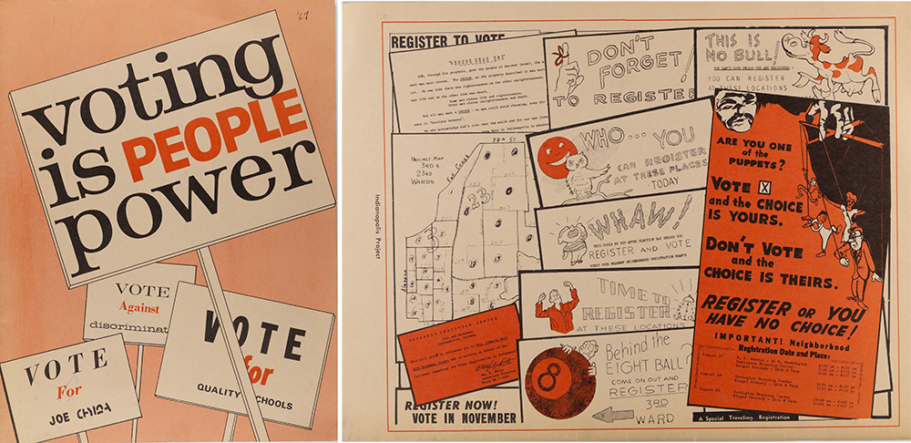 1962 voter guide cover states Voting is People Power, light orange color with black text, comic icons decorate the inside with text that says vote and the choice is yours don't vote and the choice is their's, ect