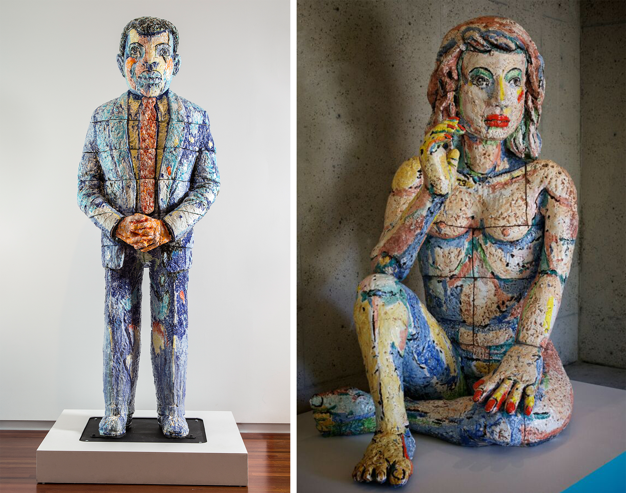 Two photos of statues side by side. On the left: A large ceramic statue of a man with his hands clasped in front of him. On the right: A woman sitting with her arm resting on her knee. Both are colorful with yellow, blue, and orange highlights.