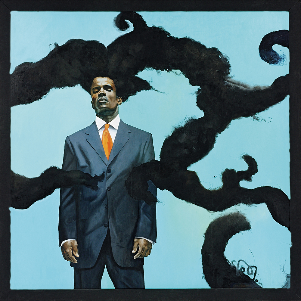 A painting of a man in a blue suit and orange tie stands in front of a sky-blue background. He has his arms down and his eyes closed. His black hair rises up from his head and swirls around in a pattern of black clouds that swirl behind and in front of him. 