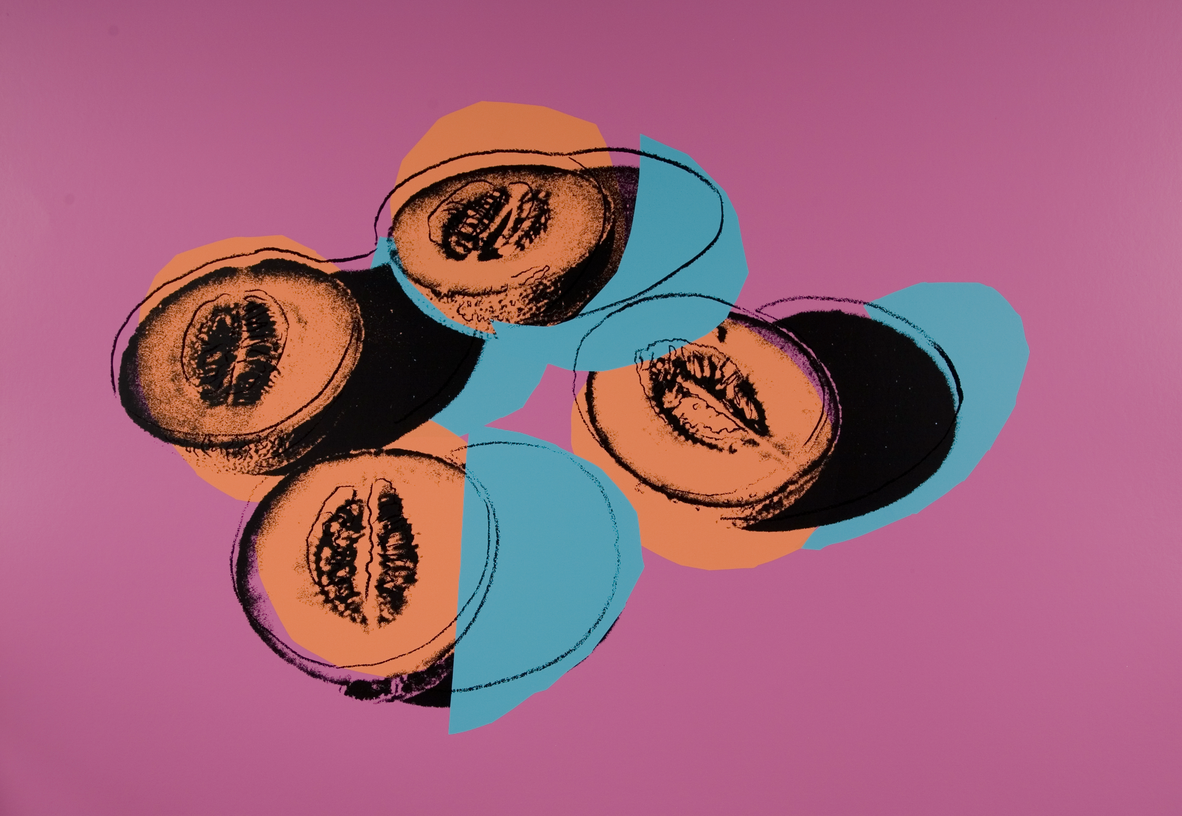 Four pop art canteloupes against a purple background. The line art and thick color blocks don't line up.