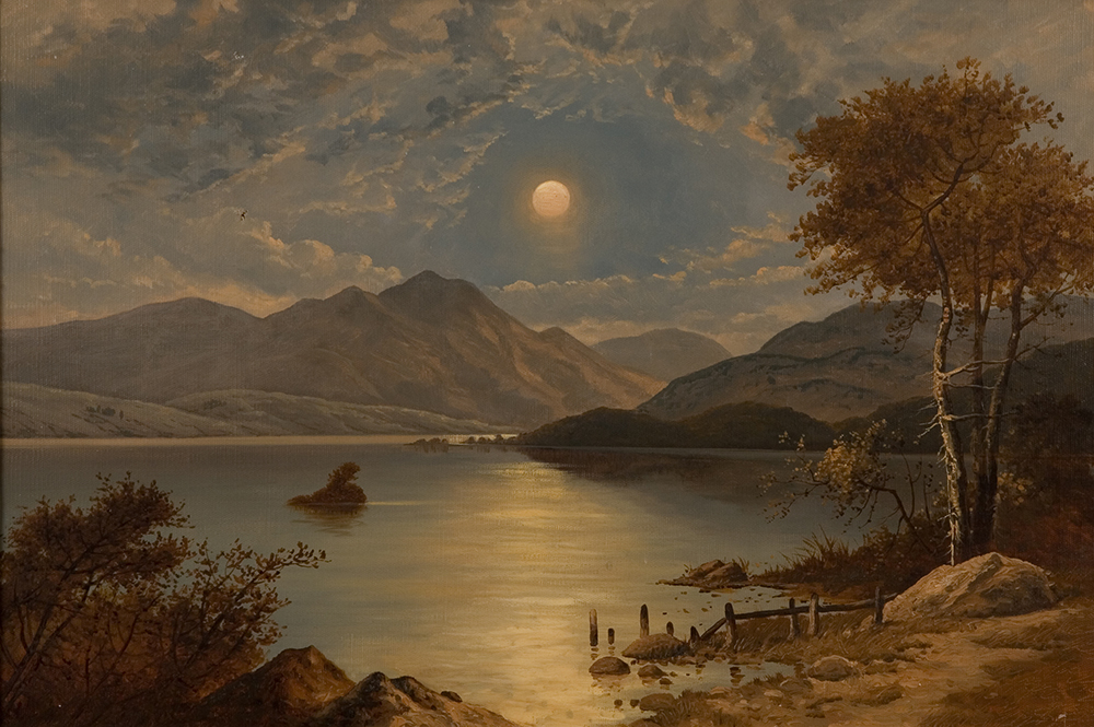 A landscape of a lake with a dock in the foreground. Low bushes are on the left foreground and tall trees on the right middle ground. Tall mountains are in the background with a small island in the middle of the lake. In the sky is a large full moon and the moon is reflected in the lake. Clouds surround the moon. The whole painting is cast in a bluish light showing that it is almost nighttime