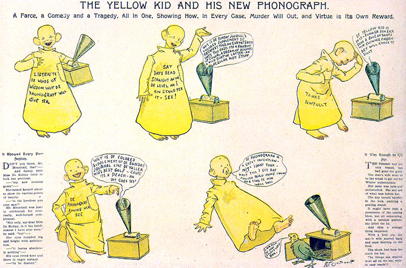 A five part comic titled "The Yellow Kid and His New Phonograph." A bald child with a large yellow shirt and no shoes interacts with a phonograph. In the last image a bird pops out of it shocking the kid.