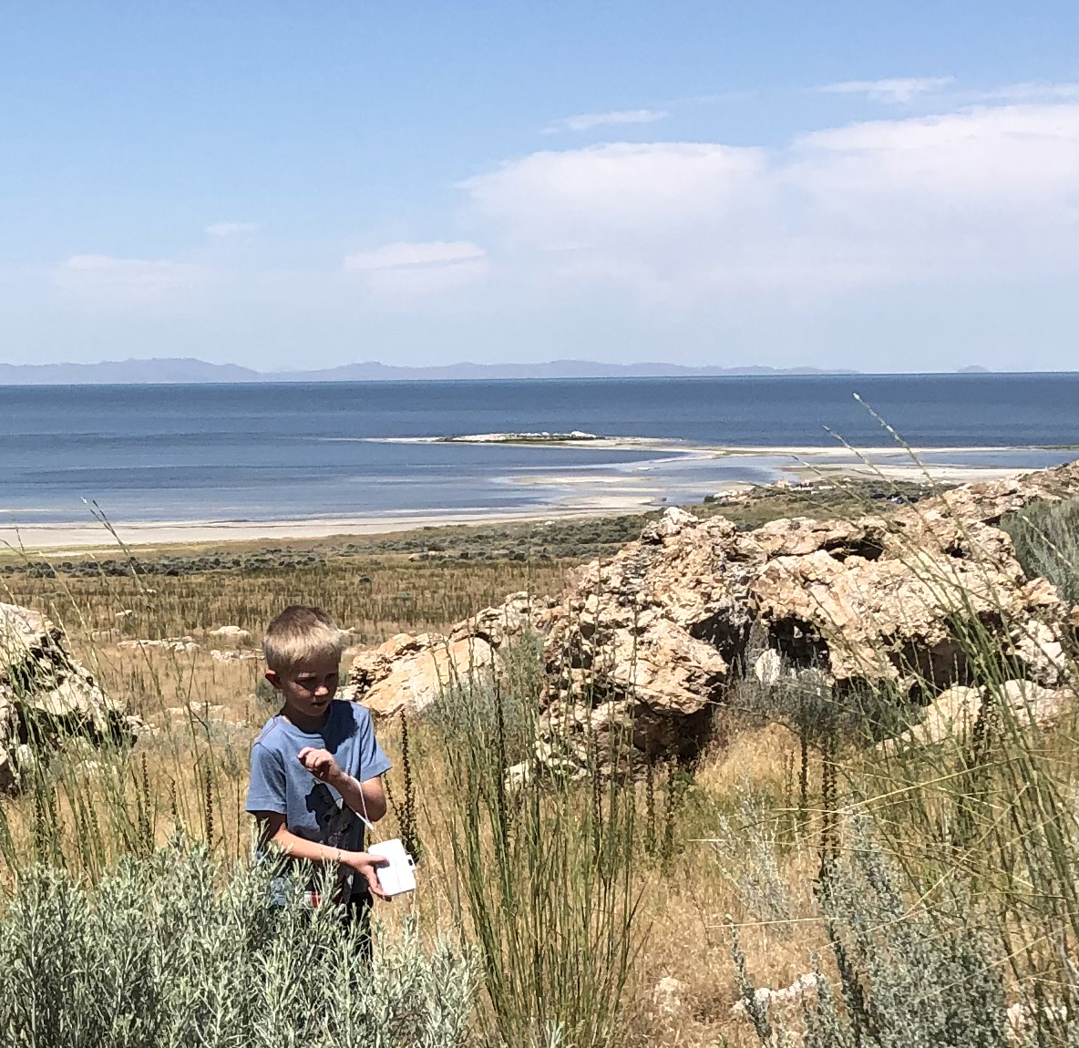 A blond boy in a blue t-shirt, about first grade aged, walks in tall grass and sage, the Great Salt Lake is in the background, the sky with fluffy white clouds fills the top half of the frame