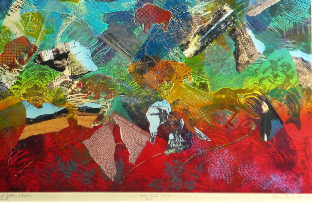 An abstract painting/collage with bright orange, greens, blues, and yellows. Images of buffalo, cherubs, and torn paper are scattered on the canvas.