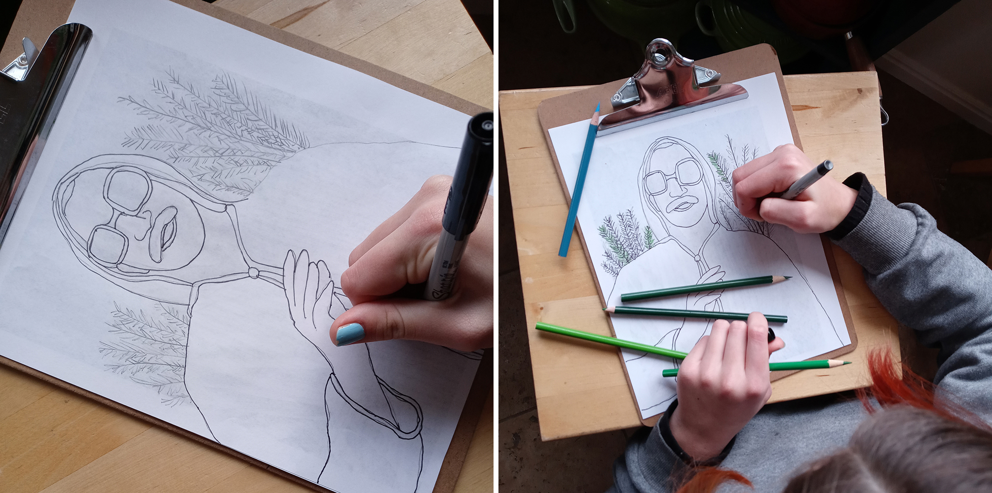 two images on a black line drawing of a man with sun glasses and hoodie the artist's hands visible drawing