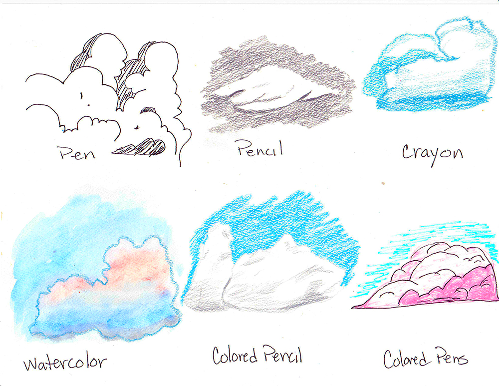 examples of cloud drawings, six different clouds drawn in pencil, colored pencil, watercolor, pens and crayon
