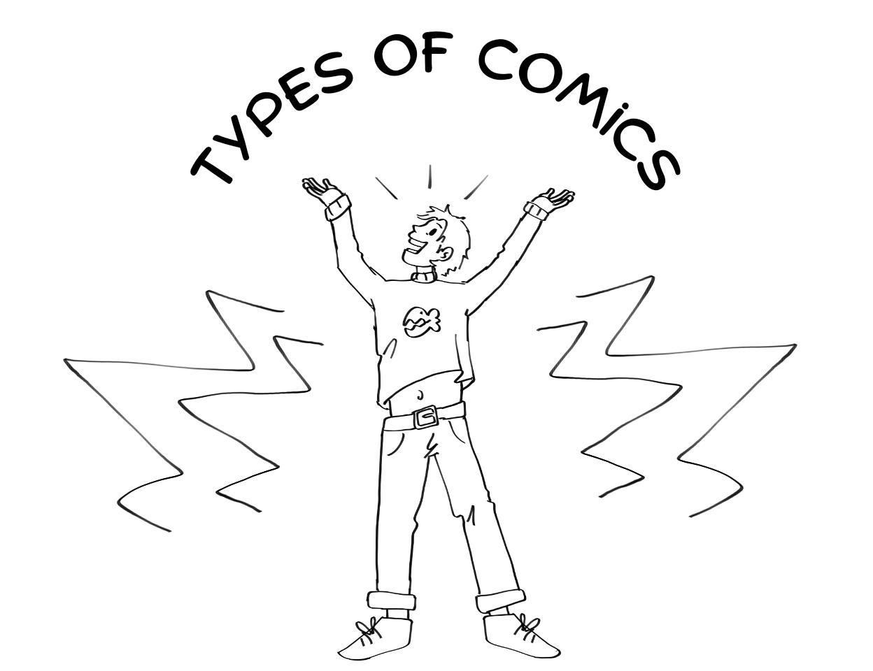 J. stands with both arms above their head. They gesture happily to a curved header that reads "types of comics".