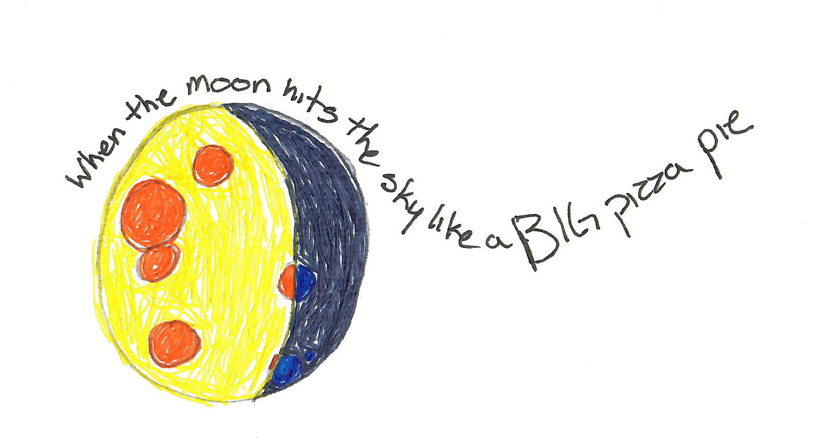 Moon in yellow and red marker with the phrase "when the moon hits the sky like a big pizza pie" handwritten on top of the moon