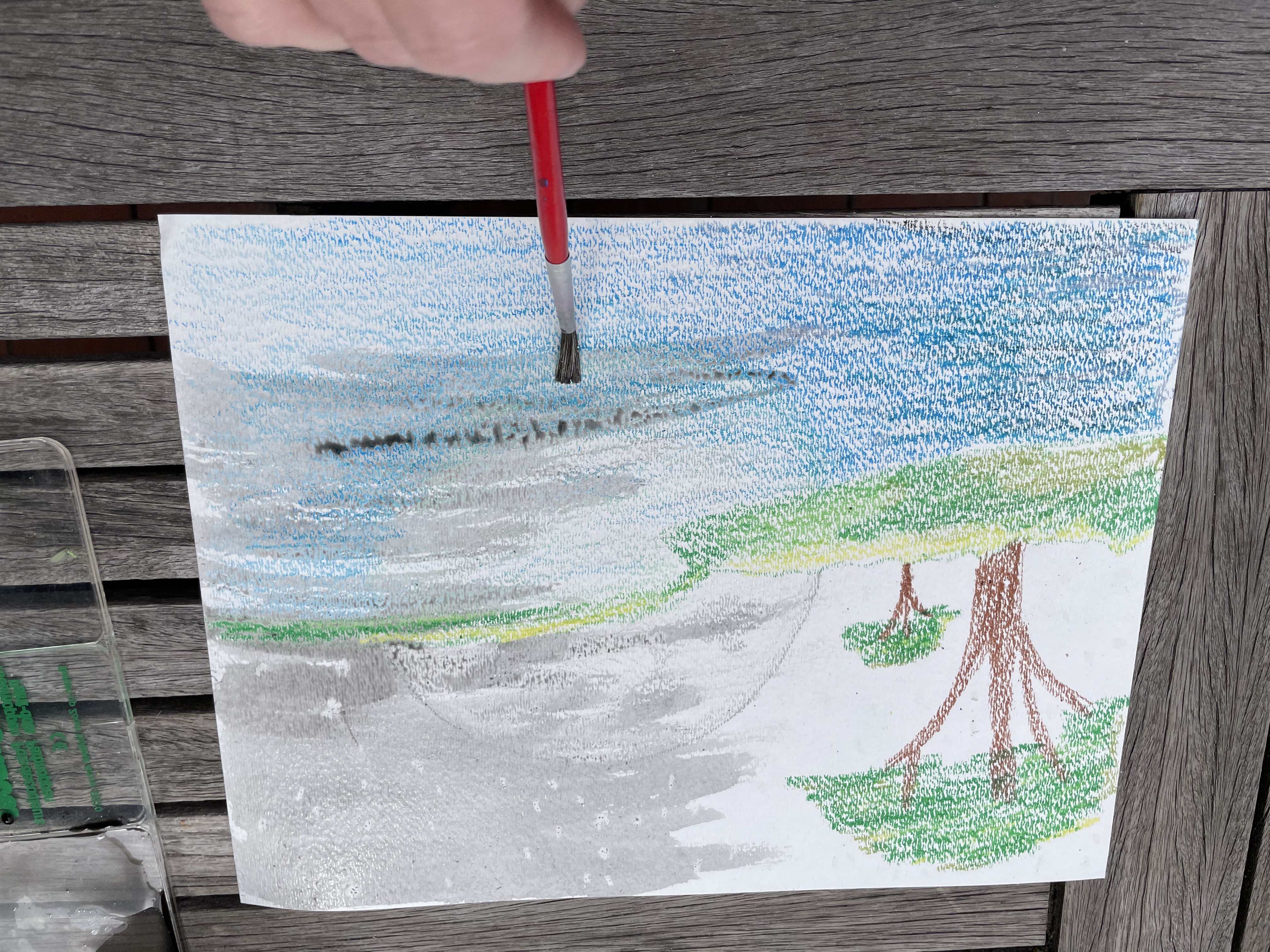 Surreal crayon drawing of a dreamy landscape on Craiyon