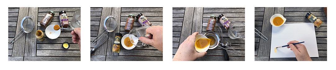 four images of steps to make water colors, small white bowl with yellow turmeric, spice jars, whisk and strainer on wooden tanletop. 