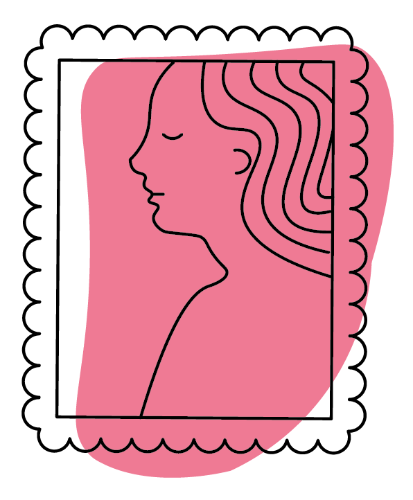 A simple illustration of a portrait on a pink background.