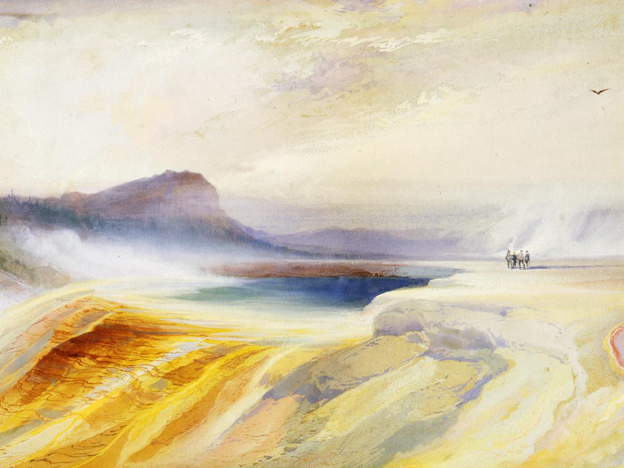 Thomas Moran, "Great Blue Spring of the Lower Geyser Basin, Firehole River, Yellowstone," 1872, watercolor on paper.