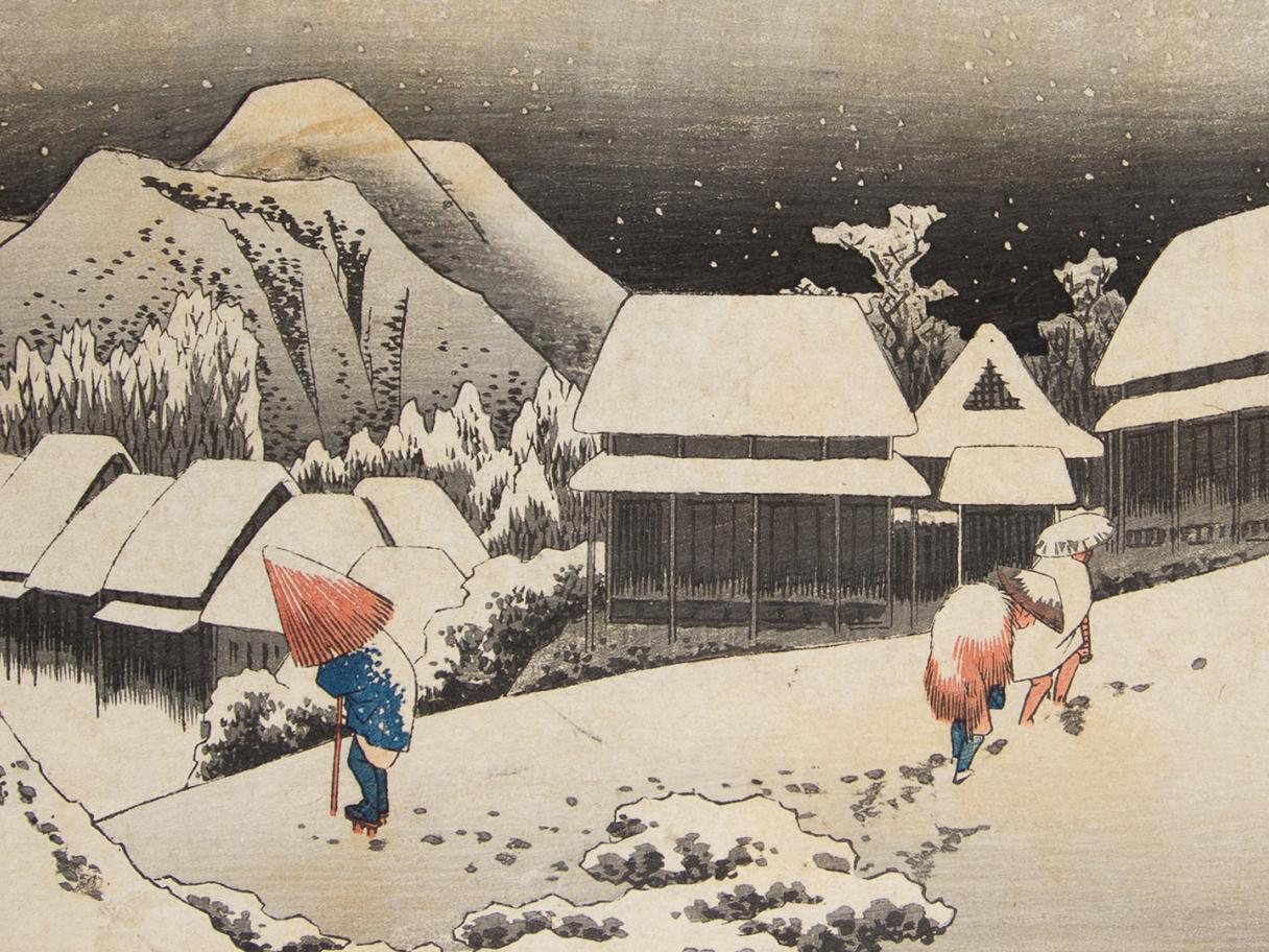 Utagawa Hiroshige I, "Evening Snow at Kambara 'No 16 Kambara yoru no yuki'," Japanese, woodcut.