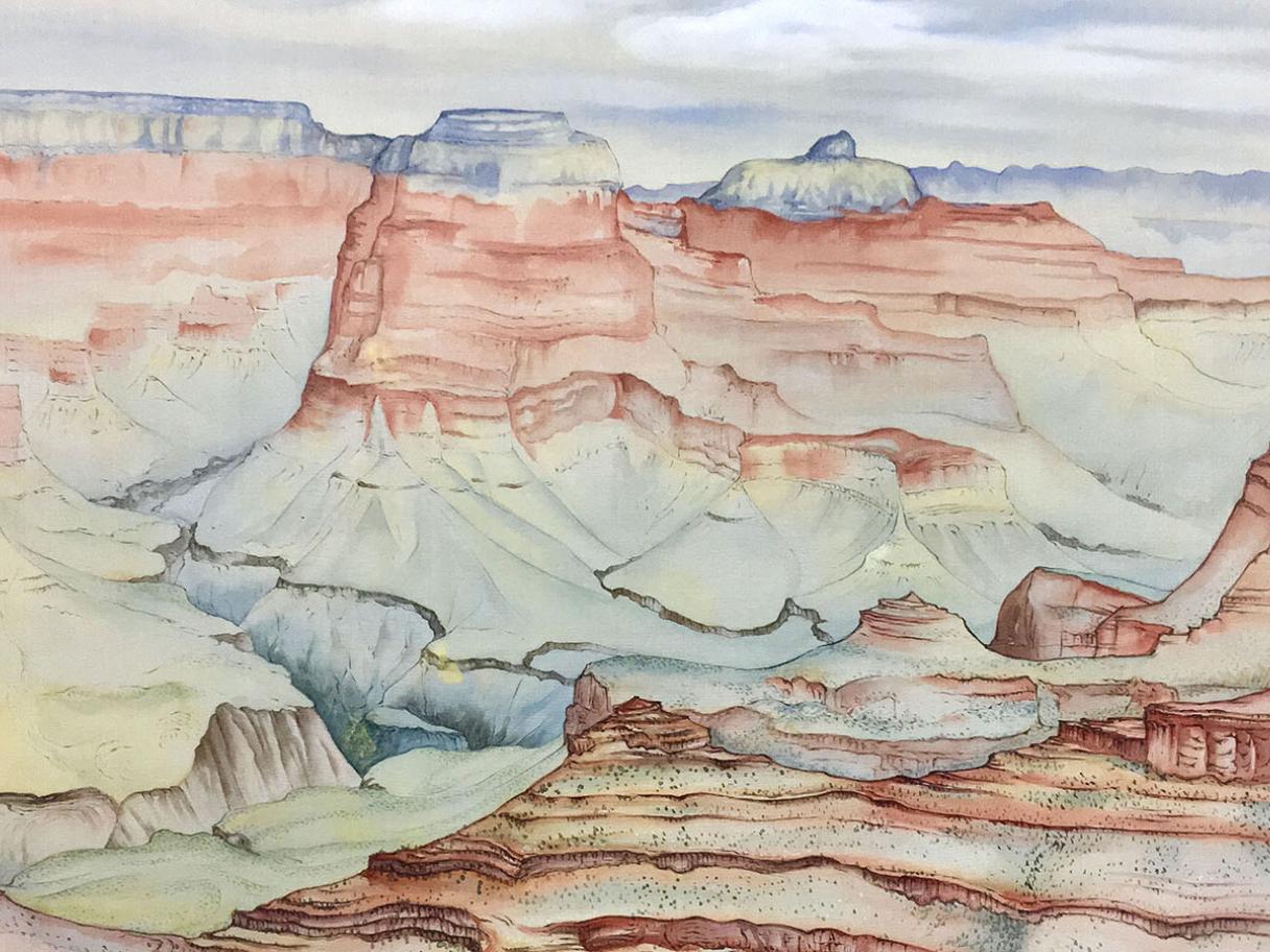 Chiura Obata (American, b. Japan, 1885–1975), Grand Canyon, May 15, 1940, watercolor on silk, 17 1/2 x 21 3/4 in., Amber and Richard Sakai Collection