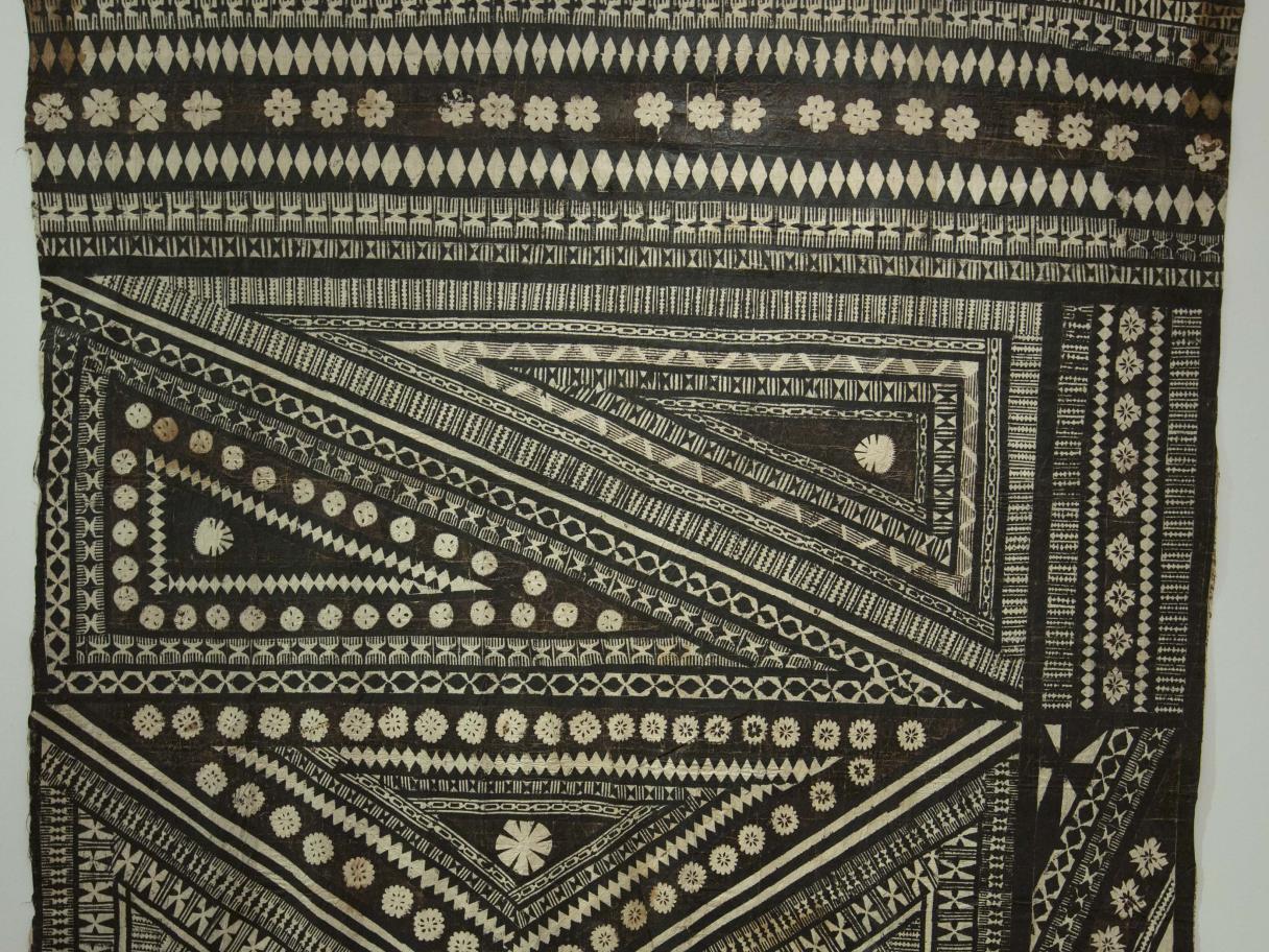  Unidentified artist (Fiji, late 19th or early 20th century) Barkcloth (Masi) fragment, barkcloth, pigment, and resin, 103 3/4 x 95 in, gift of the Peacock Revocable Trust, UMFA2005.1.31.