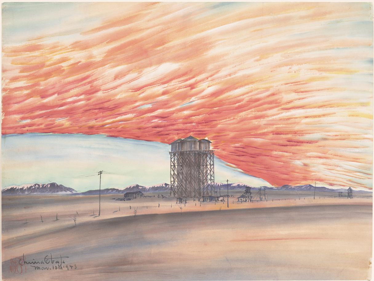 Chiura Obata (American, b. Japan, 1885-1975), Sunset, Water Tower, March 10, 1943, ink, color, and mica on paper, 15 1/4 x 20 1/2., Fine Arts Museum of San Francisco, Museum purchase, gift of the Graphic Arts Council, 2001.28.1