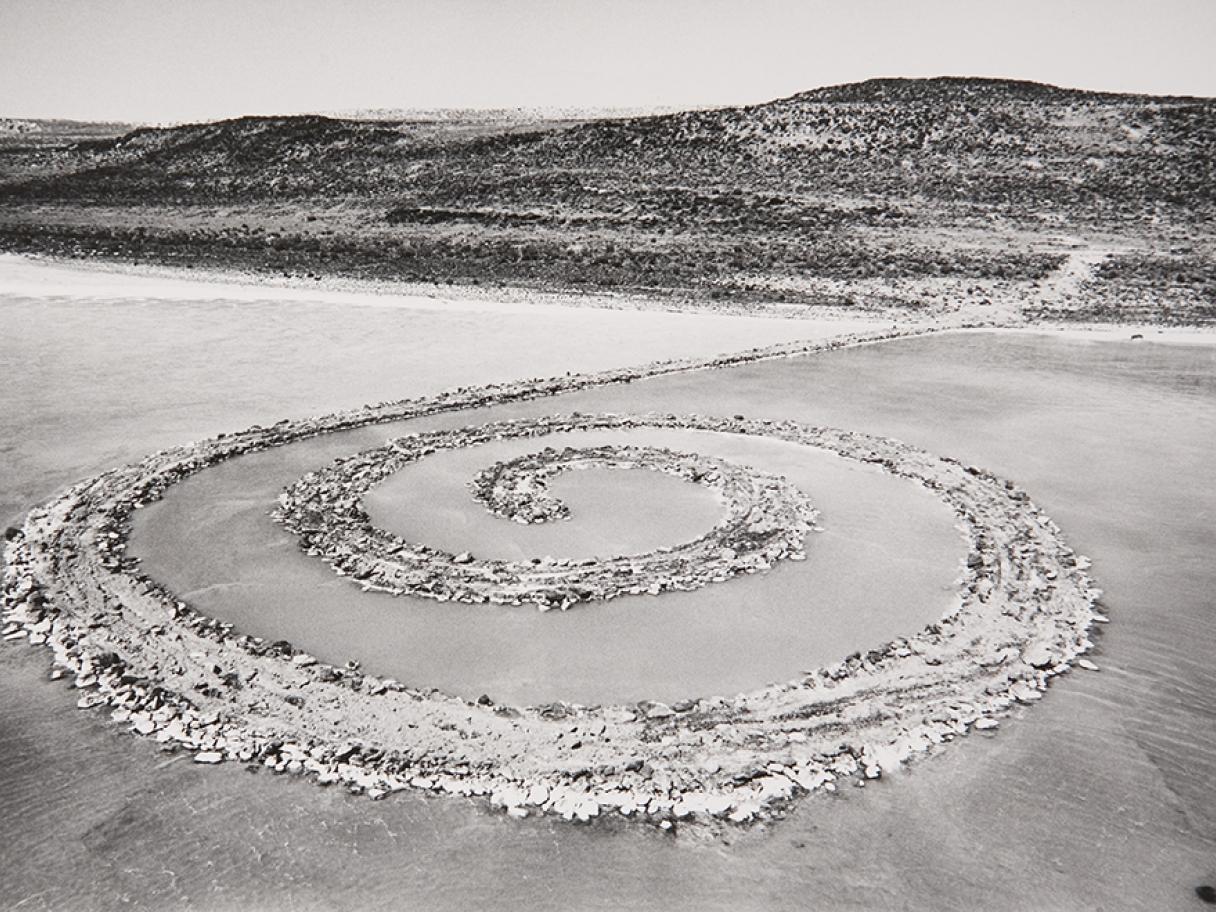 Robert Smithson (American, 1938–1973), Spiral Jetty, 1970, Rozel Point, Great Salt Lake, Utah, black basalt rock, salt crystals, earth, and water, 1,500 ft. long and approximately 15 ft. wide. © Holt/Smithson Foundation and Dia Art Foundation, licensed by VAGA, New York.