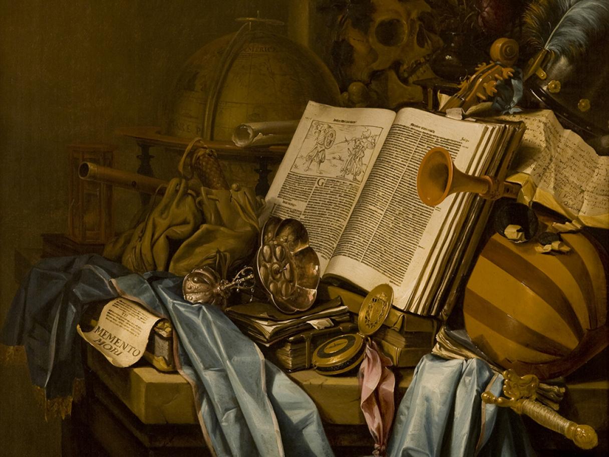 Vincent Laurensz van der Vinne I (Dutch, 1629-1702), Momento Mori (Remember Death), 1656, oil on panel, 36 7/16 x 34 3/8 in., purchased with funds from the Marriner S. Eccles Foundation, UMFA1985.021