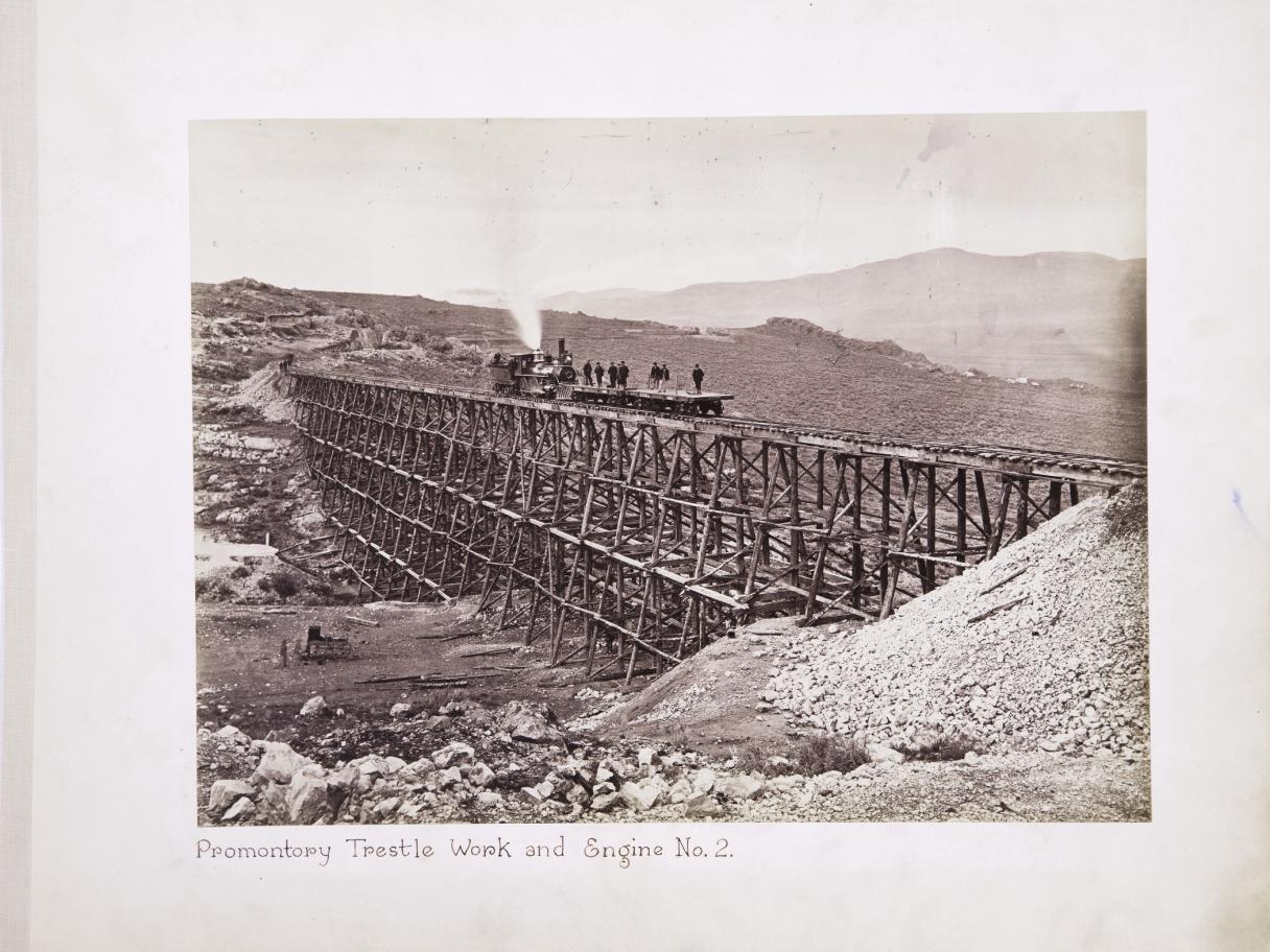 Andrew J. Russell, (American, 1829–1902), Promontory Trestle Work and Engine No. 2, 1869, albumen silver print, courtesy Union Pacific Railroad Museum 