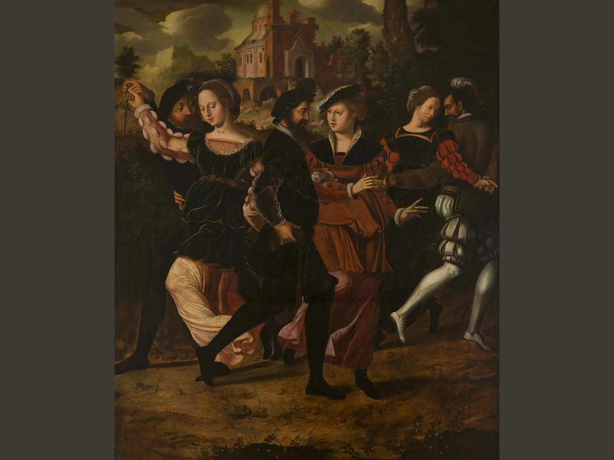 Ambrosius Benson, (ca. 1495-1550), Flemish, Elegant Couples Dancing in a Landscape, ca. 1545, oil on panel, purchased with funds from Mrs. Howard J. Stoddard in honor of John Preston Creer and Mary Elizabeth Brockbank Creer, UMFA1976.016