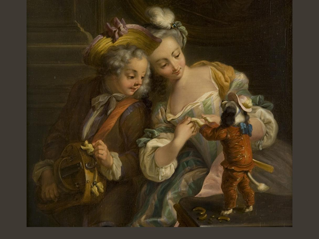 Charles Dominique Eisen, (French, 1720-1778), Le chien dansant (The Dancing Dog), ca. 1740-1778, oil on panel, 9x7 5/8 in., gift of Val A. Browning, The Val A. Browning Memorial Collection of 500 Years of European Masterworks, UMFA1993.034.009