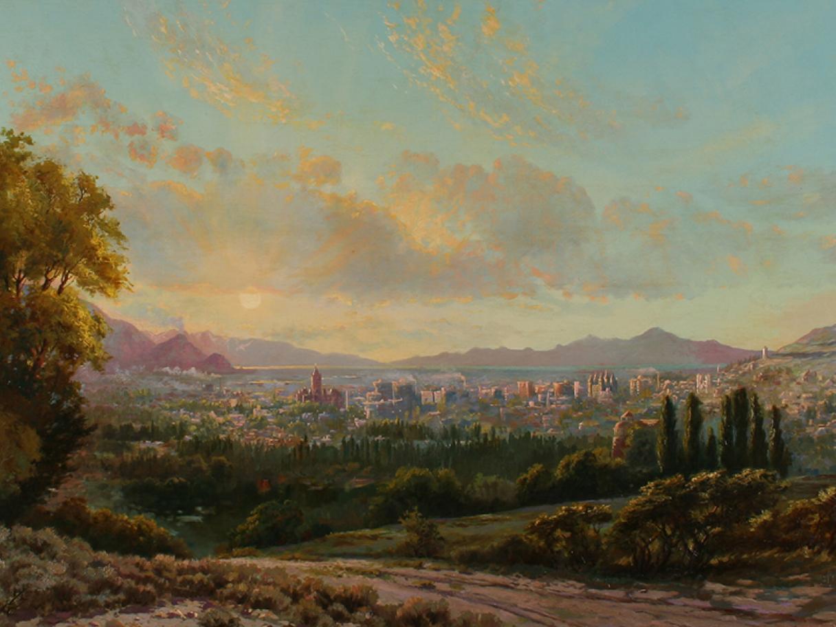 Henry L.A. Culmer, (American, 1854-1914), View of Salt Lake Valley, ca. 1911-1914, oil on canvas, gift of Joseph J. Palmer, Wayne G. Petty, the heirs O. Wood Moyle III and James H. Harwood by exchange, UMFA2011.18.1