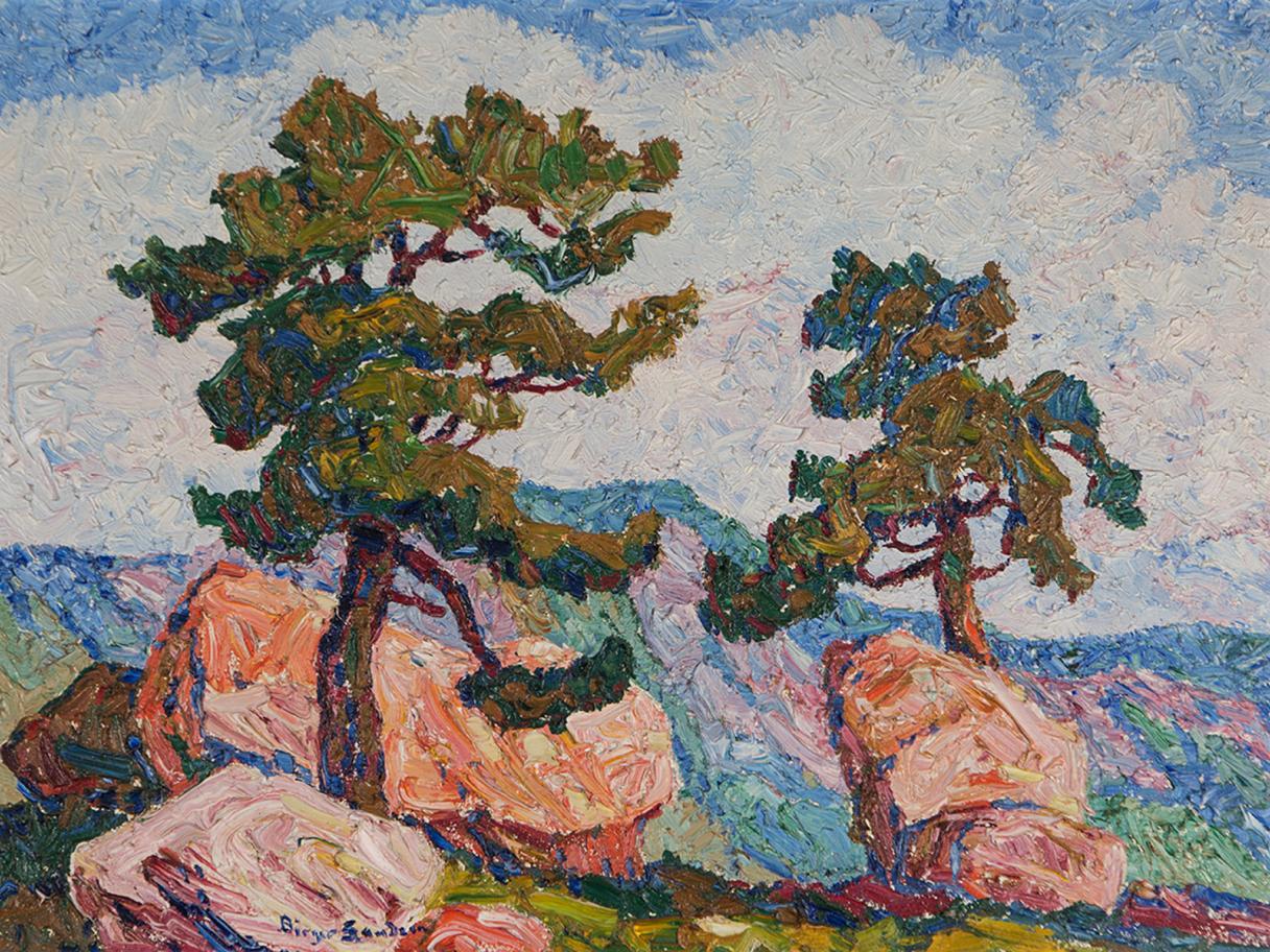 Sven Birger Sandzén, (American, born Sweden, 1871-1954), Two Pines. Manitou, Colorado, 1921, oil on canvas, 17 1/8 x 23 7/8 in., gift of Mr. and Mrs. J.D. Stewart, UMFA2017.4.1. 