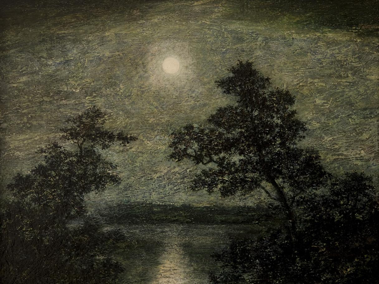 Ralph Albert Blakelock ( American, 1847-1919), Silvery Night, ca. 19th century, oil on canvas, gift of Marion Sharp Robinson, conserved with funds from the Ann K. Stewart Docent and Volunteer Conservation Fund, UMFA1953.013