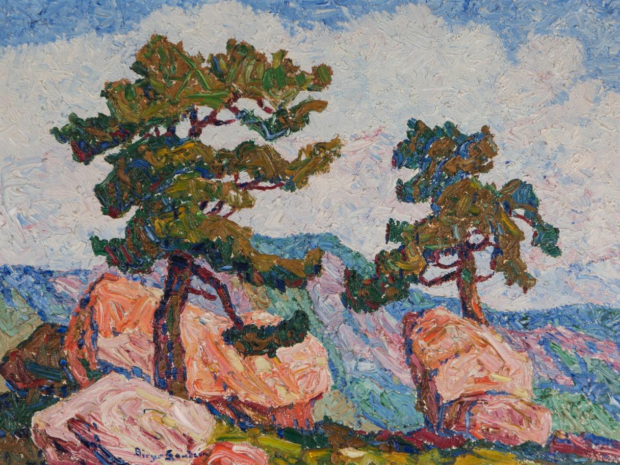  Sven Birger Sandzén, (American, born Sweden, 1871-1954), Two Pines. Manitou, Colorado, 1921, oil on canvas, 17 1/8 x 23 7/8 in., gift of Mr. and Mrs. J.D. Stewart, UMFA2017.4.1.