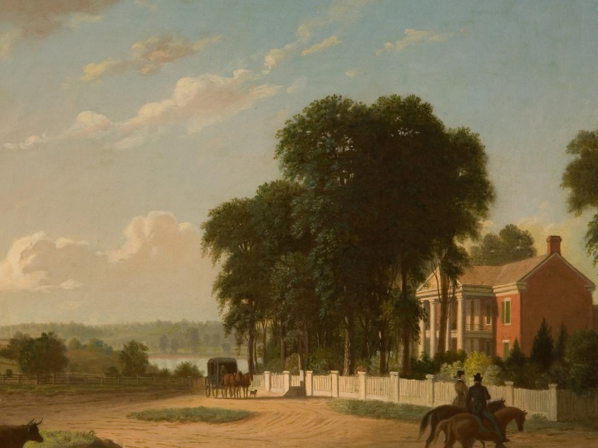 George Caleb Bingham (American, 1811-1879) Forest Hill (The Nelson Home in Booneville, Missouri), oil on canvas, In loving memory of our mother, Anna Louise Birch Stephens, donated by Mary Stephens DeWall, Margaret Stephens Anderson, Cordelia Stephens Birrell, and William Fulton Stephens, Jr., UMFA2007.12.2