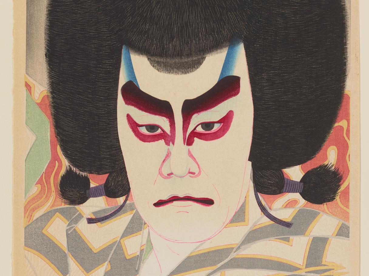 Japanese print from Seven Masters at UMFA. Natori Shunsen, The Actor Ichikawa Sadanji II as Narukami, 1926, woodblock print, ink and color on paper with mica and embossing. Published by Watanabe Shōzaburō. Photo: Minneapolis Institute of Art.