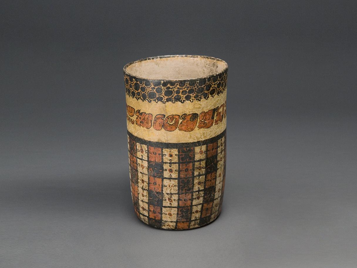 Vase with checkerboard pattern and Jaguar Pelt, Guatemala, Petén region, Maya culture, 600–900, earthenware and pigment, purchased with funds from Friends of the Art Museum, UMFA 1984.003