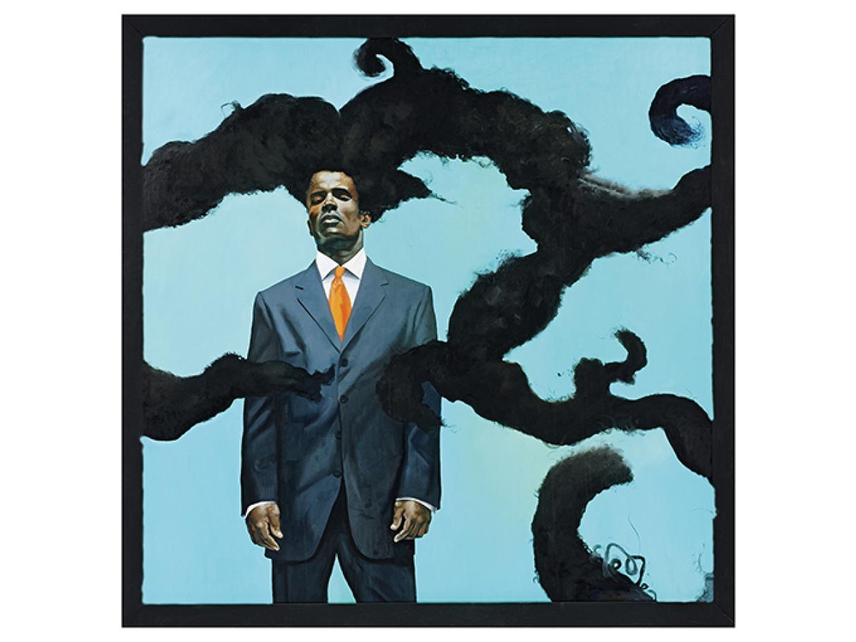 oil painting of a black man in a blue business suit with an orange tie he has two think long dreadlocks growing out of his head and filling the frame he stands against a plain light blue background 