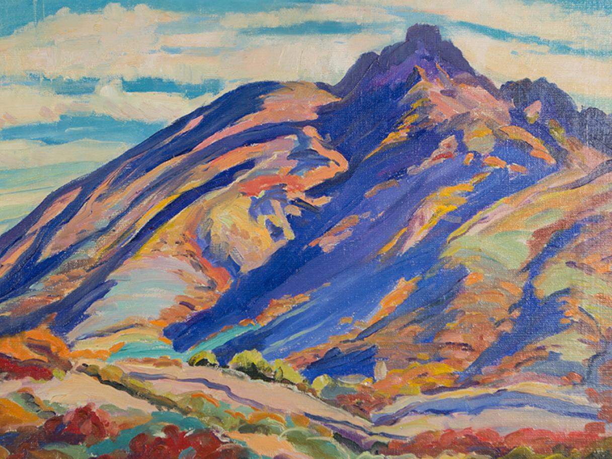An impressionistic painting of a mountain peak in yellow a purple against a blue and white sky