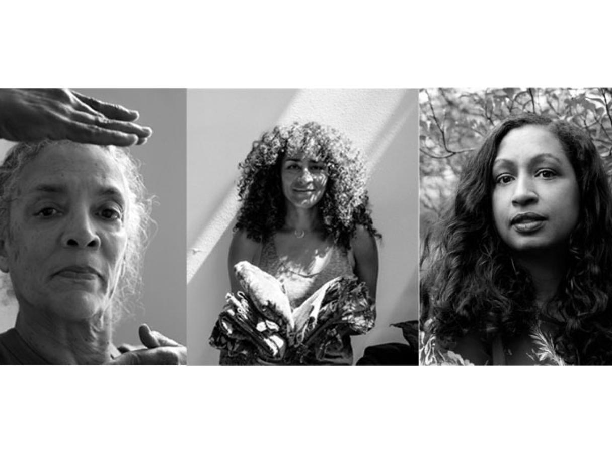 three black and white headshots of women artists Maren Hassinger, Shinique Smith, and Adia Millett