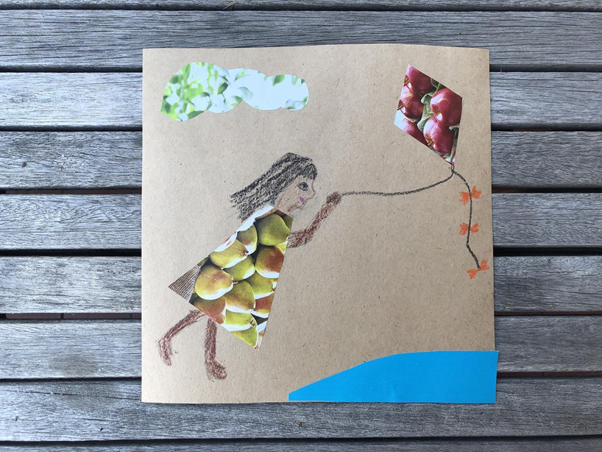 a square piece of cardboard with a collage of a girl holding a kite