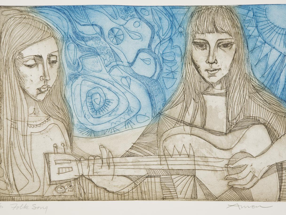 Irving Amen (1918 – 2011), The Folk Song, 1970, etching, 16 ¾ x 22 ¼ in., Gift of Marion Sharp Robinson, UMFA1970.010.001.