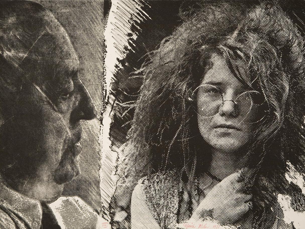 Misch Kohn (1916-2003), Janis Joplin and Mies van der Rhoe, 1971, lithograph, 13 ½ in. x 9 5/8 in. Gift of Christopher A. & Janet Graf, UMFA1972.012.007.