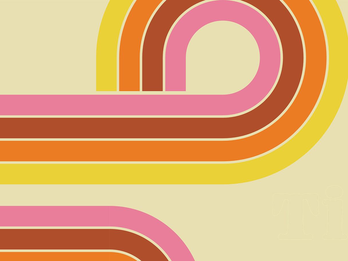 a four part striped line of yellow orange rust and pink forming the beginning for a counterclockwise spiral 