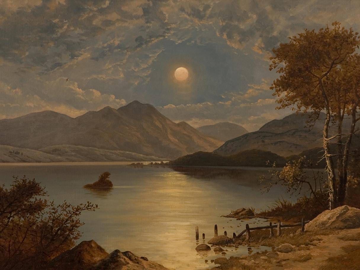 A landscape of a lake with a dock in the foreground. Low bushes are on the left foreground and tall trees on the right middle ground. Tall mountains are in the background with a small island in the middle of the lake. In the sky is a large full moon and the moon is reflected in the lake. Clouds surround the moon. The whole painting is cast in a bluish light showing that it is almost nighttime. 