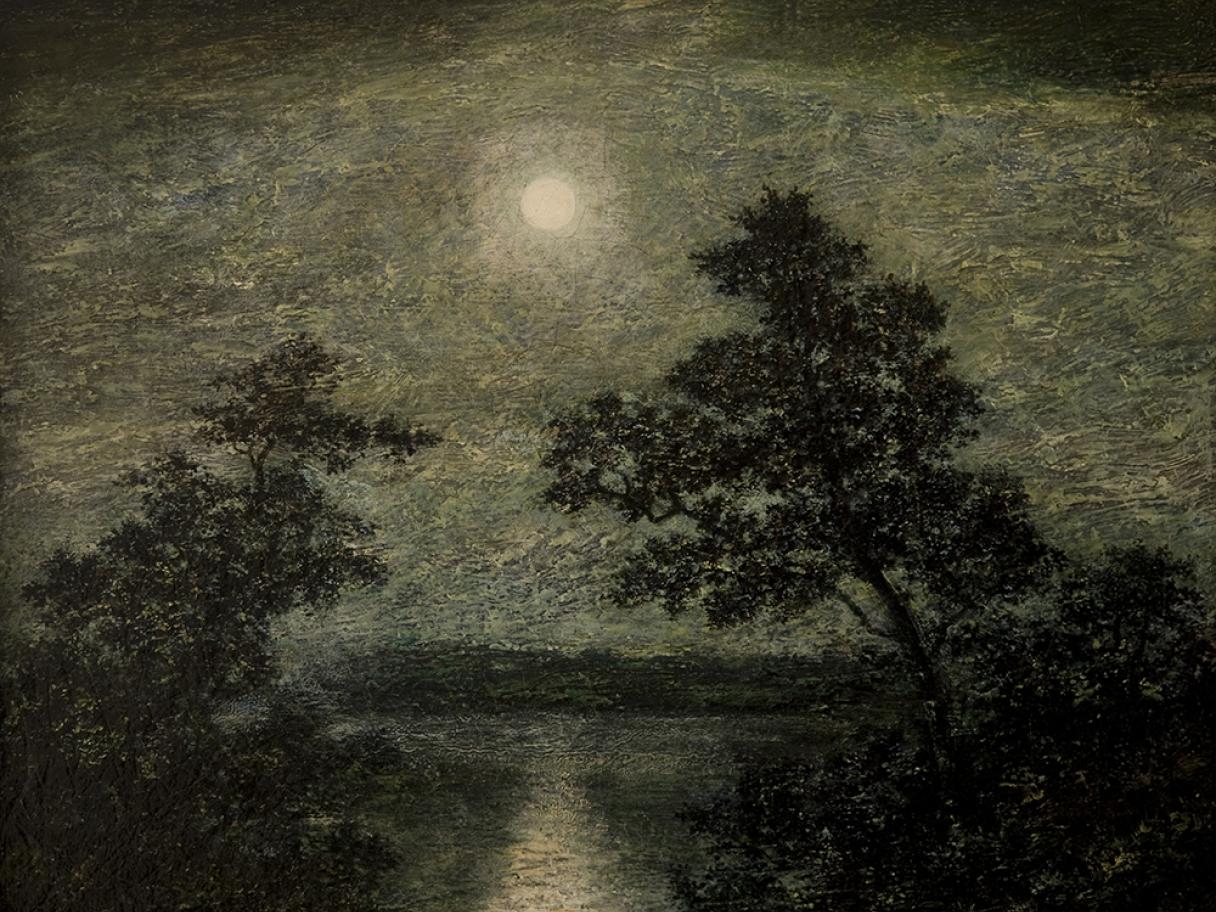 Nightscape painting of two trees with a full moon in the sky between them.
