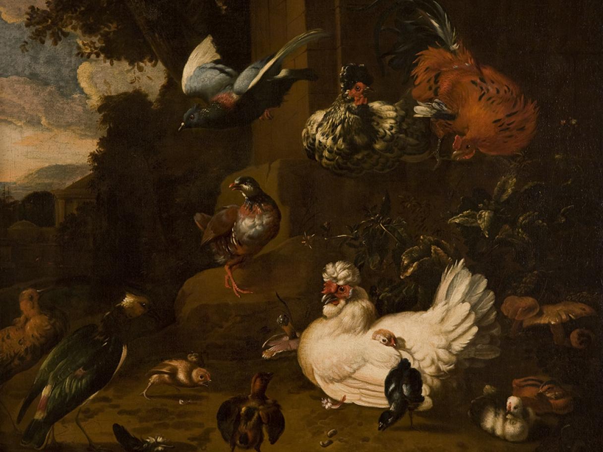 a painting of chickens and assorted fowl 
