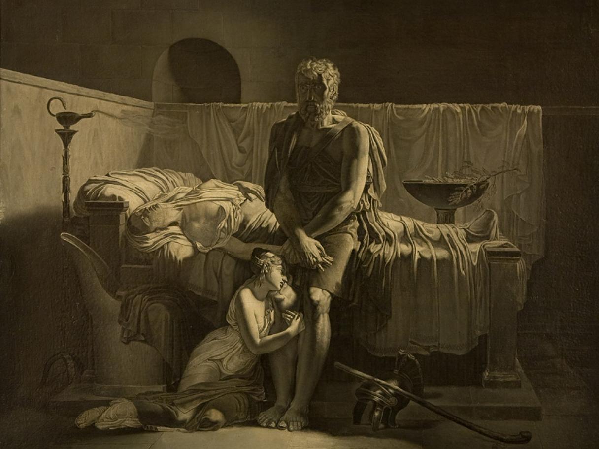 Black and white toned oil painting of a man sitting on the edge of a bed. A girl sits on the floor resting her head on his leg. The setting looks like ancient Rome