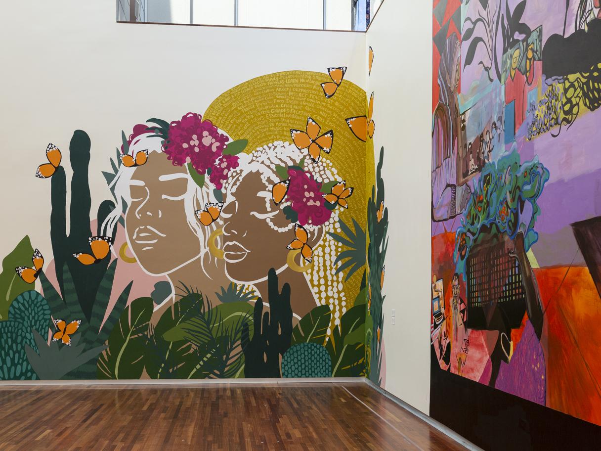 View of the UMFA's G.W. Anderson Family Great Hall, two of the murals from 2020:From here on out from left to right murals by Ella Rises and Vaimoana Niumeitolu